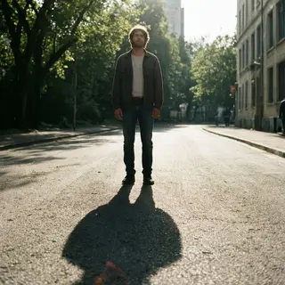 A person standing outdoors at midday with a short shadow dir