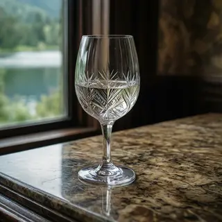 A crystal wine glass on a polished marble counter next to a 