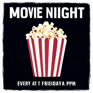 A movie night poster with a large popcorn image in the cente