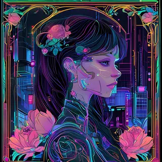 A woman in a futuristic city rendered in cyberpunk Art Nouve