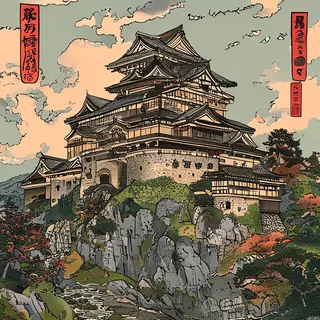 A medieval castle depicted in Japanese ukiyo-e woodblock pri