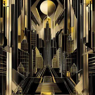 A city street scene in the style of Art Deco — geometric sha