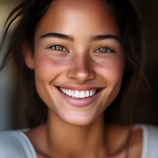 A close-up portrait of a young woman with a warm natural smi