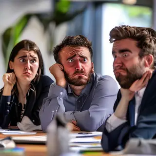 Three coworkers in a meeting: one looking frustrated with fu