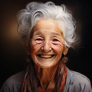 An elderly woman in her 80s with deep wrinkles and white hai