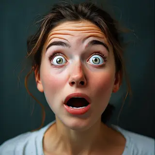 A portrait capturing genuine surprise — raised eyebrows, wid