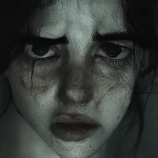 A face showing quiet melancholy — downcast eyes, slightly dr