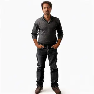 A man standing straight facing the camera, hands in pockets,