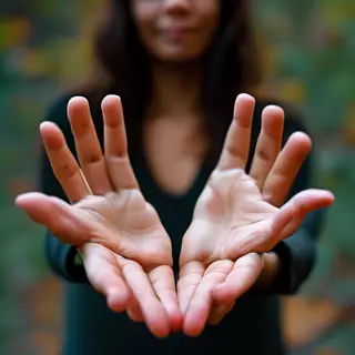 A woman holding her hands out in front of her palms-up, all 