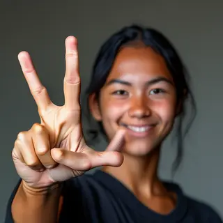 A person making a peace sign with their right hand, clearly 