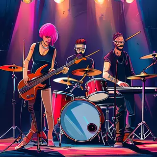 Three musicians on stage: a tall woman with short pink hair 