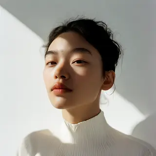 A high-key portrait of a person against a bright white backg