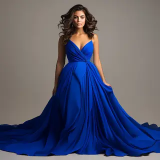A woman wearing a royal blue evening dress against a neutral