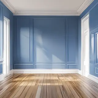 A room with walls in #4A90D9 (medium blue) with warm wooden 