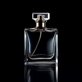 A clear glass perfume bottle on a reflective black surface w