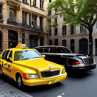 A yellow taxi and a black limousine parked next to each othe