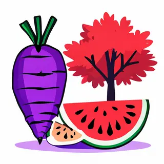 A purple carrot, a red tree with red leaves, and a white wat