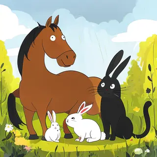 A big brown horse, a small white rabbit, and a medium-sized 