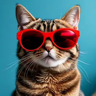 A tabby cat wearing oversized red sunglasses