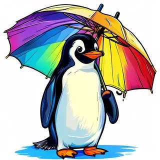 A penguin holding a colorful umbrella