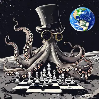 An octopus wearing a top hat and monocle playing chess on th