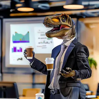A dinosaur in a business suit giving a PowerPoint presentati