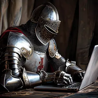 A medieval knight in full armor sitting at a desk typing on 
