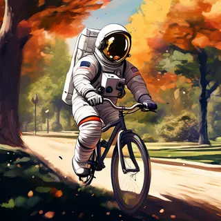 An astronaut in a spacesuit riding a bicycle through a park