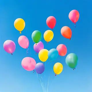 Exactly 11 colorful balloons floating against a clear blue s