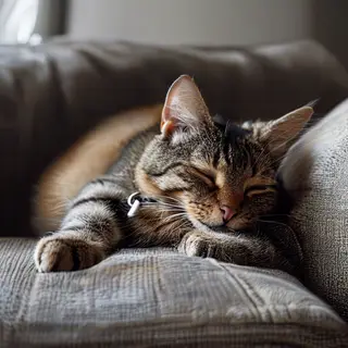 A cat lying on a couch without a collar