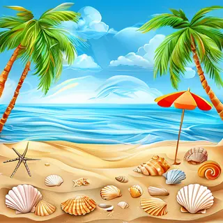 A sandy beach with palm trees, seashells, and a beach umbrel