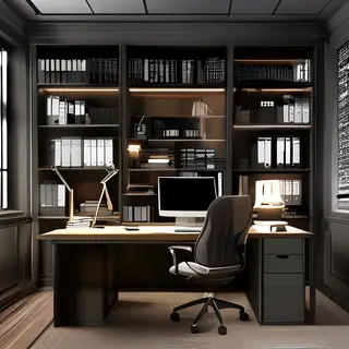 An office workspace with a desk, chair, bookshelf, and lamp 