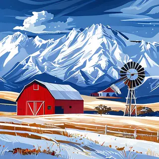 A landscape with a red barn in the foreground at large scale