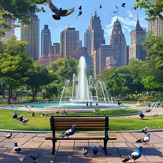 A city park with a park bench and pigeons in the foreground,