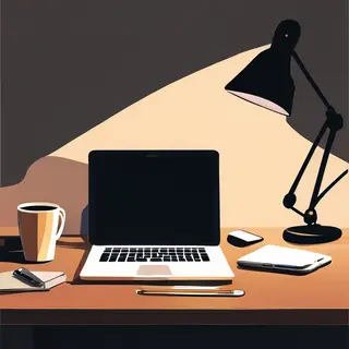 A desk scene: laptop in the center, coffee mug to the left, 