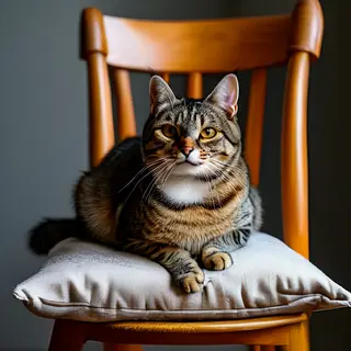 A cat sitting on a pillow, the pillow placed on a wooden cha