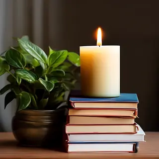 A candle on top of a stack of books, the books next to a pot