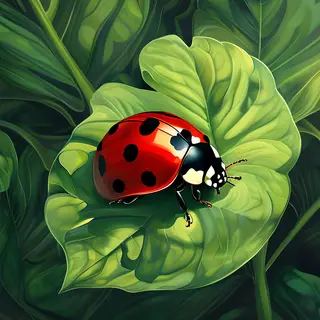 A ladybug sitting on a large green leaf, shown at realistic 