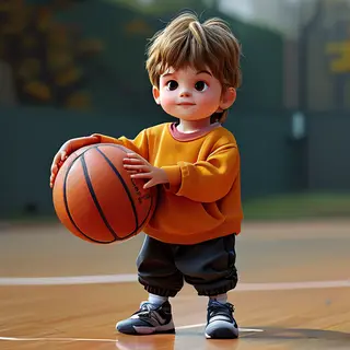 A child holding a basketball, both at correct relative sizes