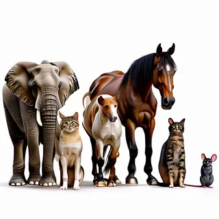 A group photo of an elephant, a horse, a dog, a cat, and a m