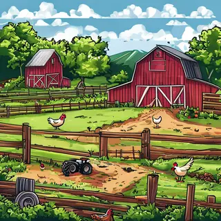 A farm scene with a barn, tractor, farmer, cow, chicken, and