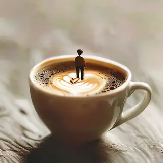 A tiny person standing on the rim of a coffee cup, looking d