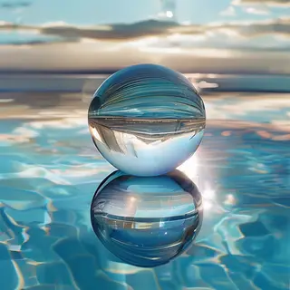 A clear glass sphere sitting on a mirror surface near a pool