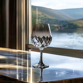 A crystal wine glass on a polished marble counter next to a 