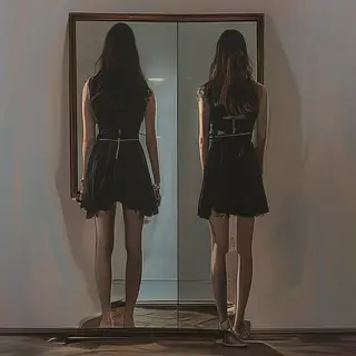 A woman standing in front of a full-length mirror, her refle