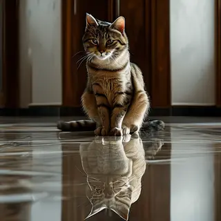 A cat sitting on a polished marble floor with its reflection
