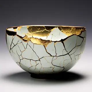 A Japanese kintsugi bowl — cracked ceramic repaired with vis