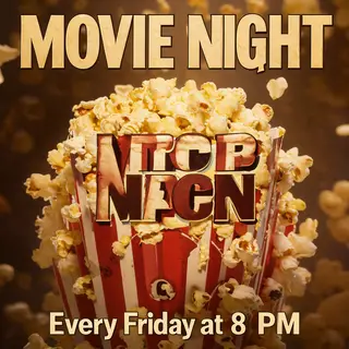 A movie night poster with a large popcorn image in the cente