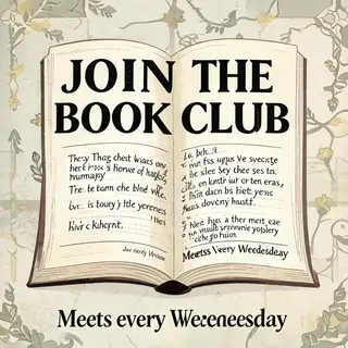 A book club poster with an open book illustration, the title