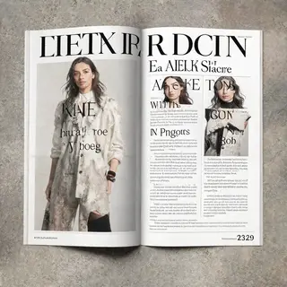 A fashion magazine spread with a full-bleed left-page photo,